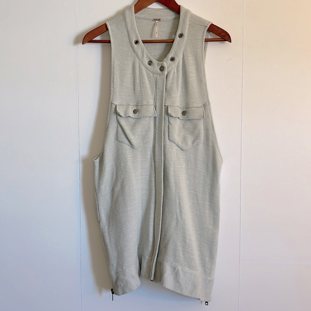 Free People Highway Slub Knit Vest Size S Light Gray Longline Zip Front